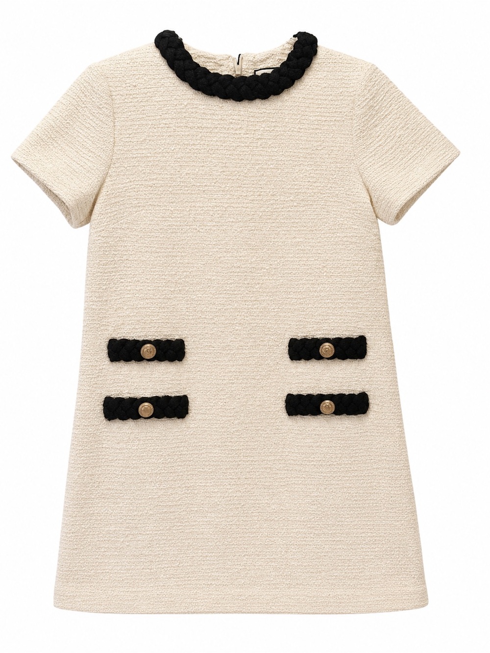 Tuckernuck Ivory Bouclé Tweed Shift Dress with Gold Button Detail - Picture 2 of 9